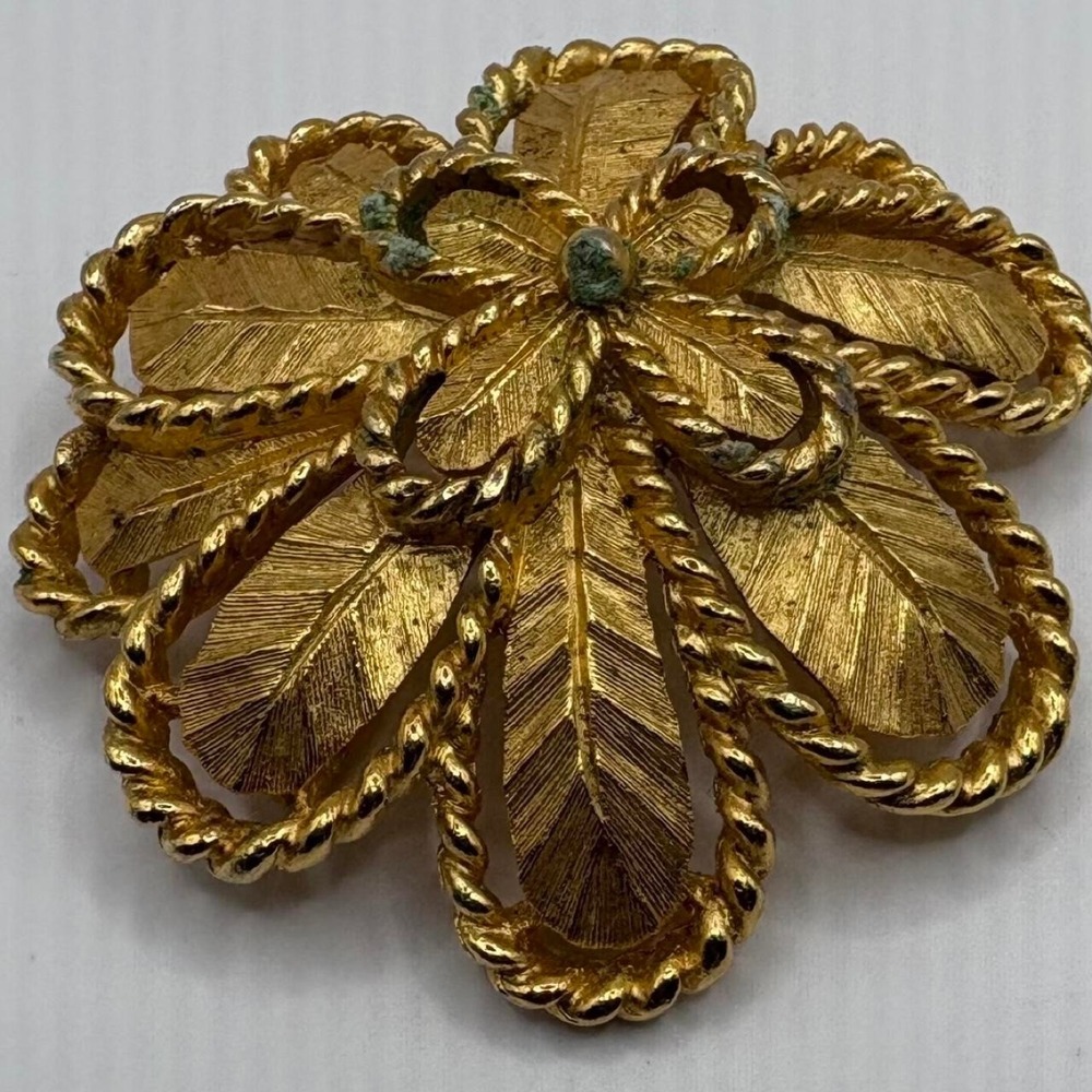 Vintage ART Arthur Pepper Gold Tone Floral Feather Brooch Pin Mid Century 1960s